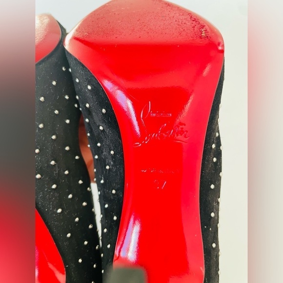 Christian Louboutin Black Suede leather Hot Chick 100mm studded plume pumps EU37 - Picture 7 of 9